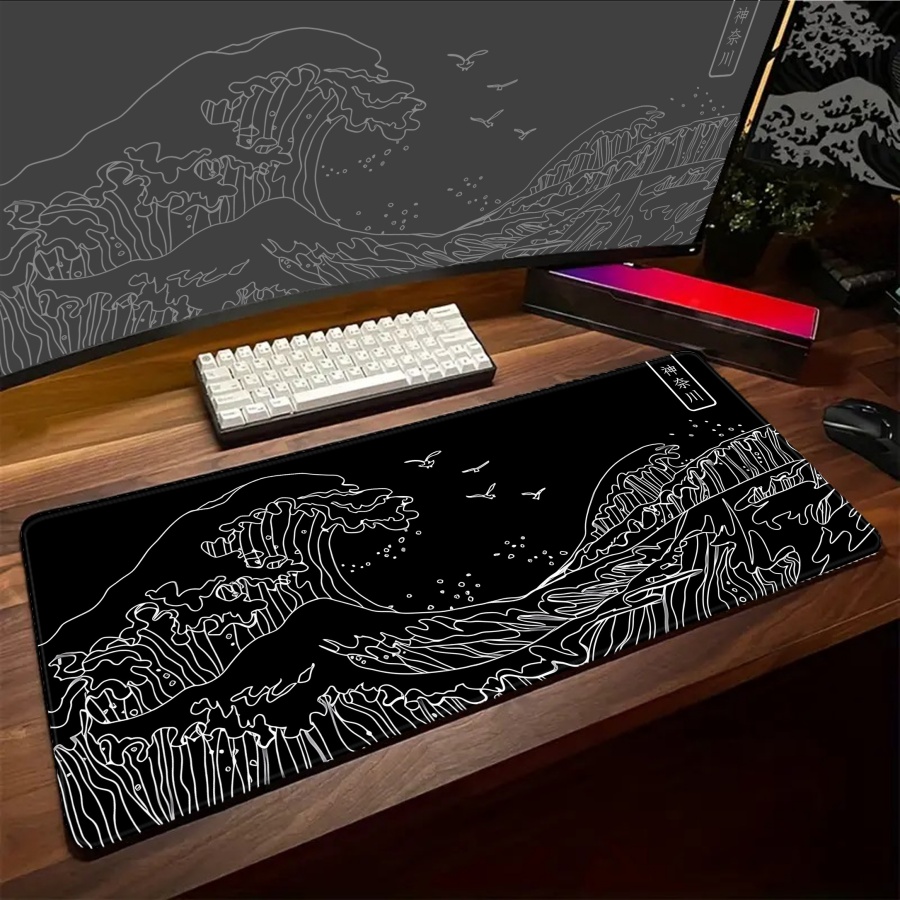 Desk Setup Pc And Laptop - Pc Gamer Muismat Great Wave Keyboard